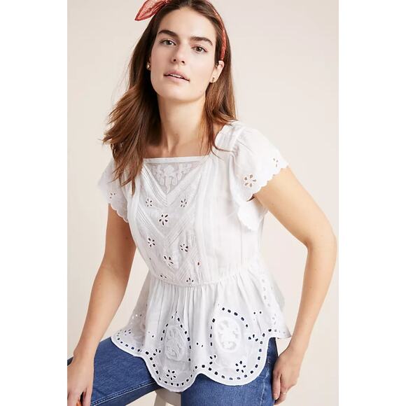 Maeve by Anthropologie Women's size 2 White Janice Embroidered Eyelet Blouse - Picture 1 of 10